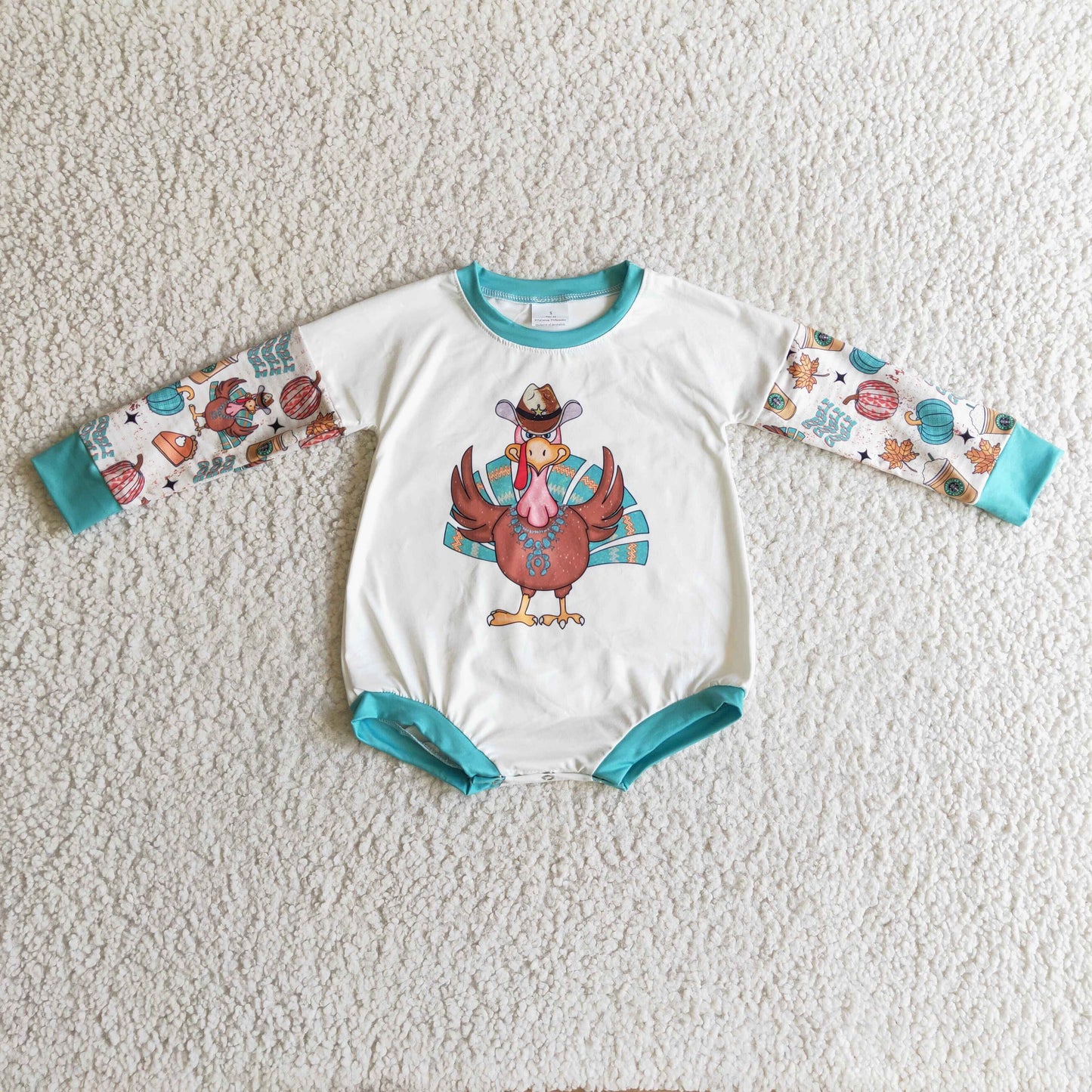 Turquoise turkey baby girls western Thanksgiving romper