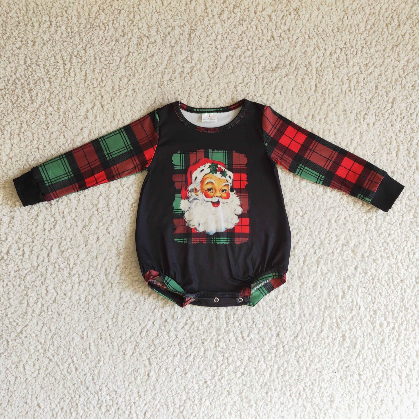 Plaid santa print long sleeves baby girls Christmas romper