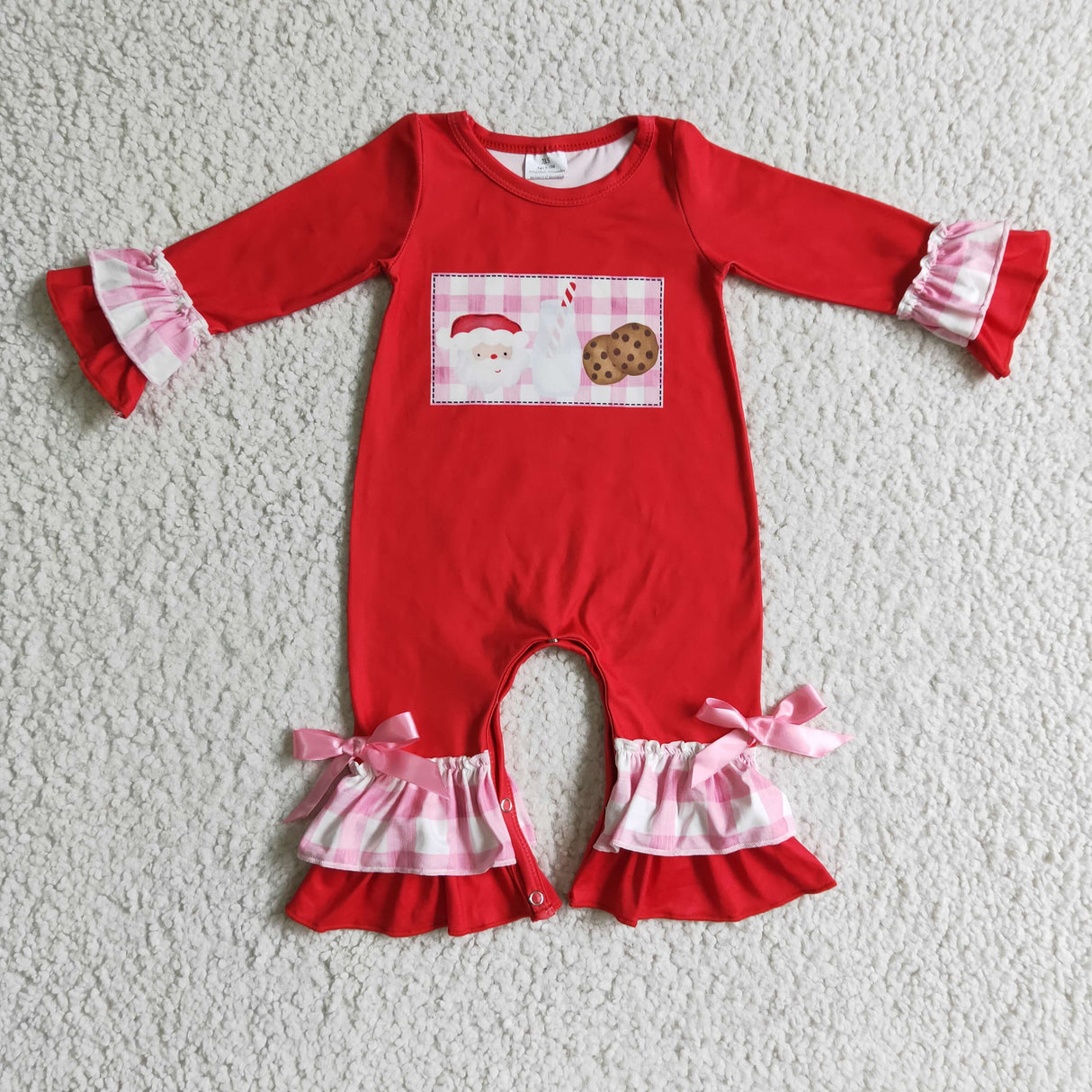 Pink plaid santa milk biscuit baby girls Christmas romper