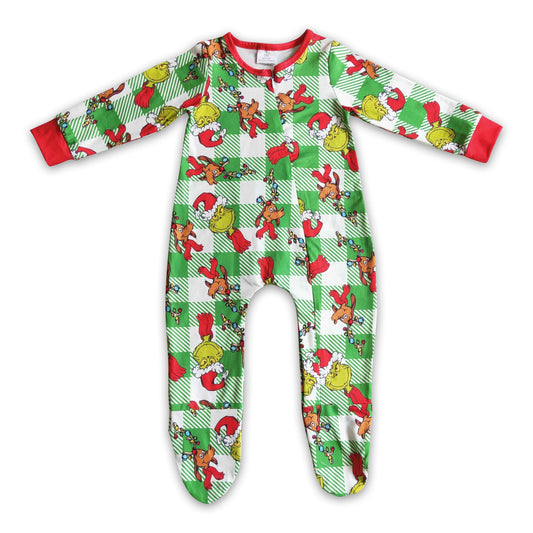 Plaid green face baby kids Christmas zipper footed coverall