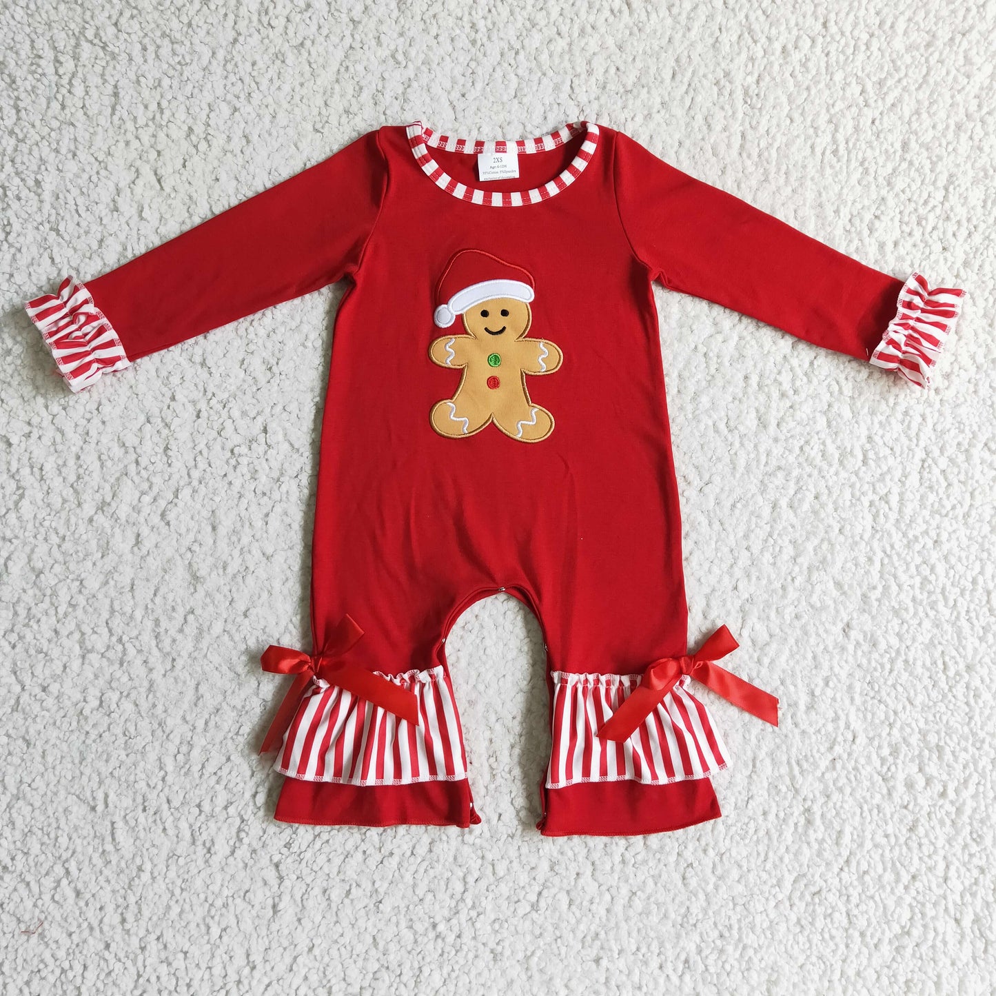 Gingerbread embroidery red stripe baby girl Christmas romper