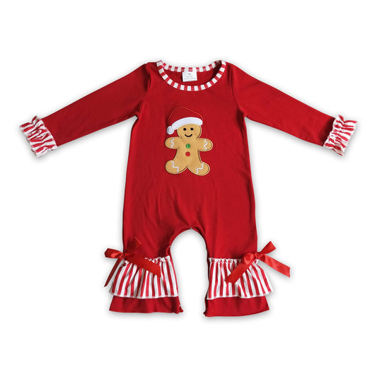 Gingerbread embroidery red stripe baby girl Christmas romper
