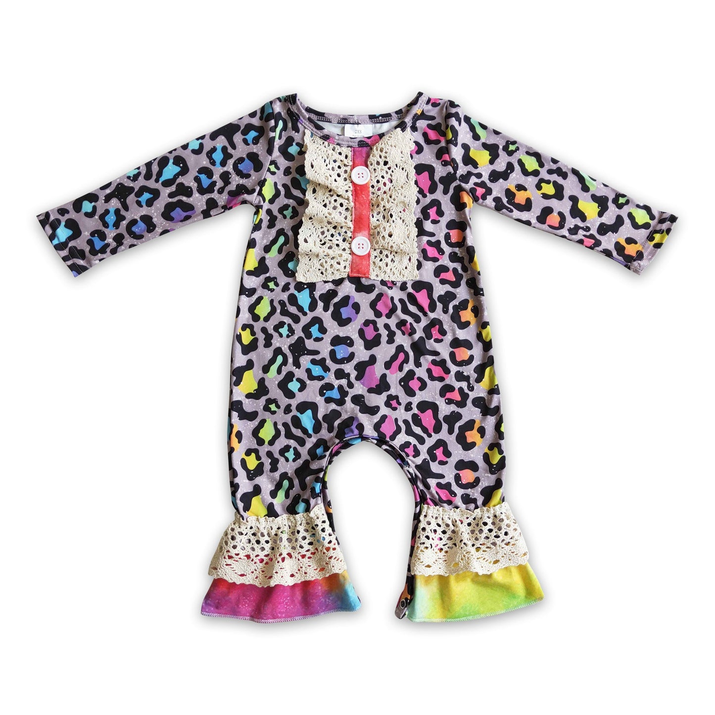 Long sleeves colorful leopard lace ruffles baby romper