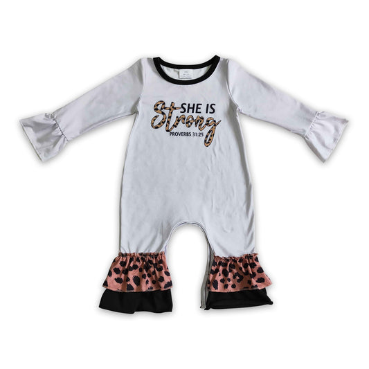 She is strong leopard long sleeves baby girls romper