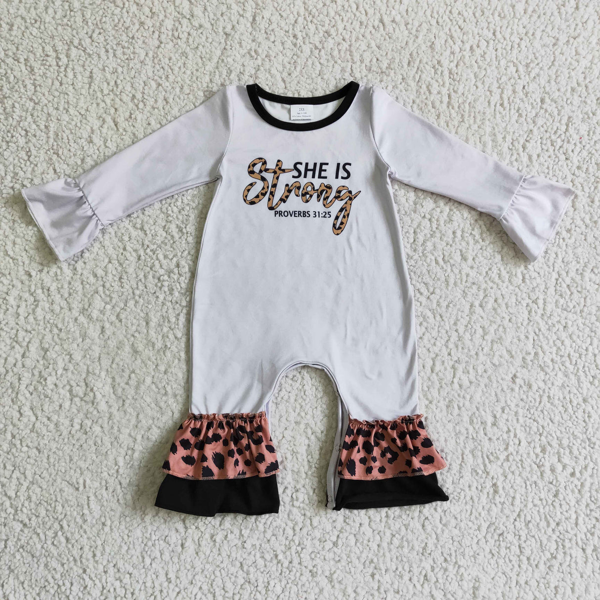 She is strong leopard long sleeves baby girls romper