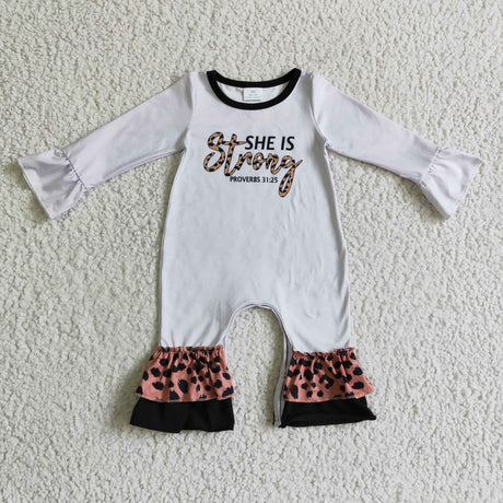 She is strong leopard long sleeves baby girls romper