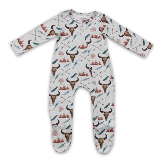 Bull skull teepee kids baby footed zipper coverall