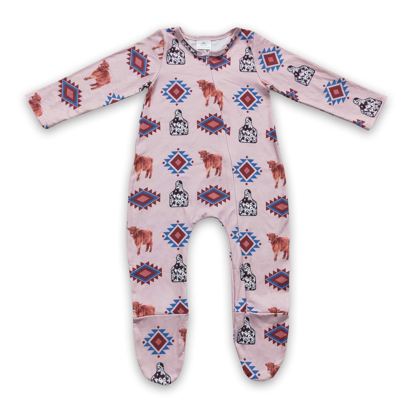 Highland cow aztec baby kids footed zipper coverall