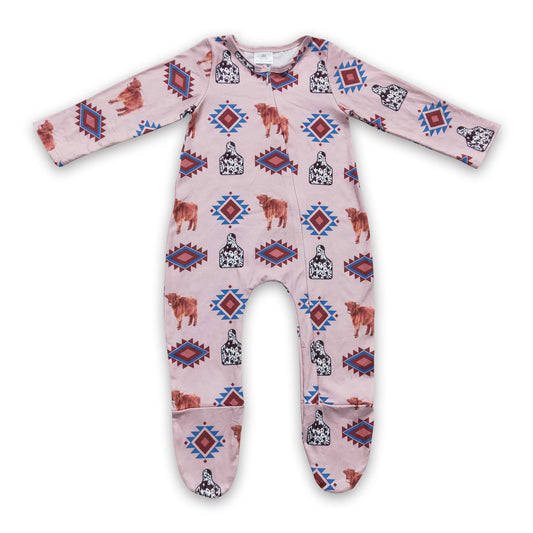 Highland cow aztec baby kids footed zipper coverall