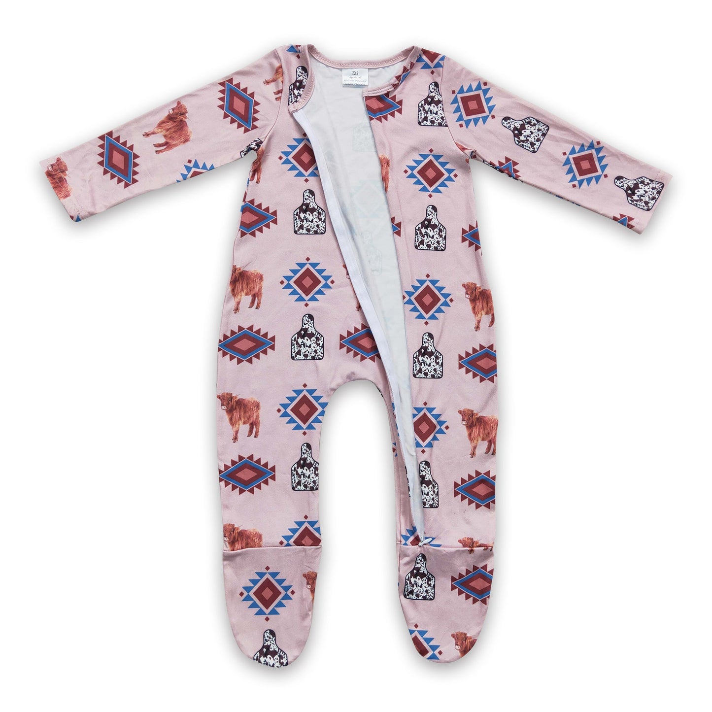 Highland cow aztec baby kids footed zipper coverall