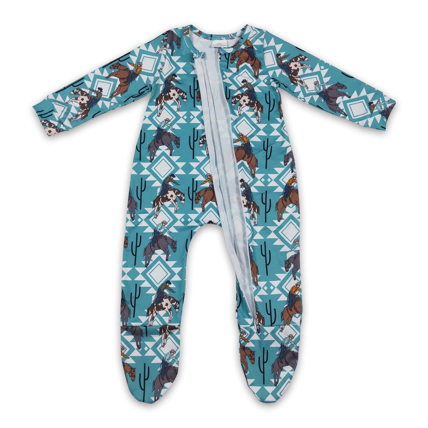 Horse cactus aztec baby kids western footed zipper coveralls