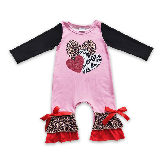 Heart print leopard ruffles baby girls Valentine's romper