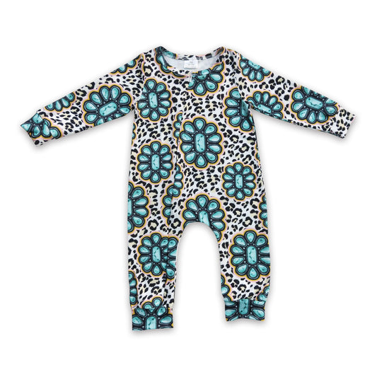 Turquoise leopard baby kids western footed zipper coverall