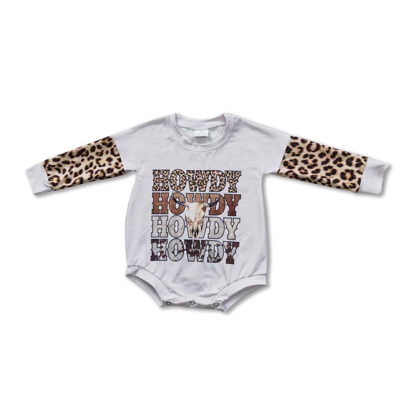 Howdy bull skull leopard long sleeves baby girls romper