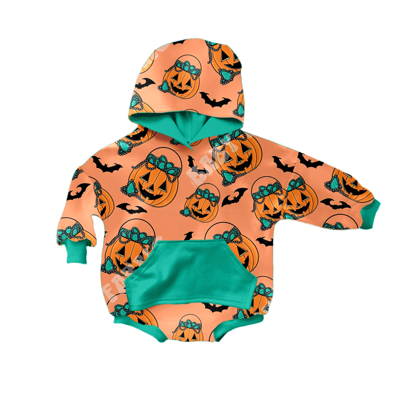 Turquoise pumpkin hooded baby kids Halloween romper