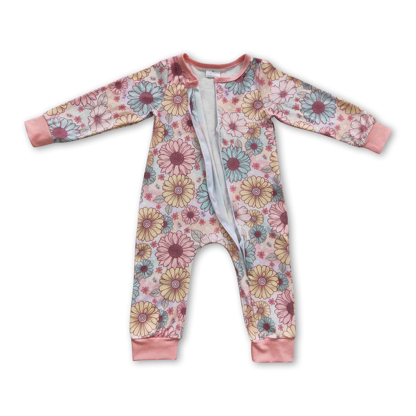 Flower long sleeves zipper baby girls romper