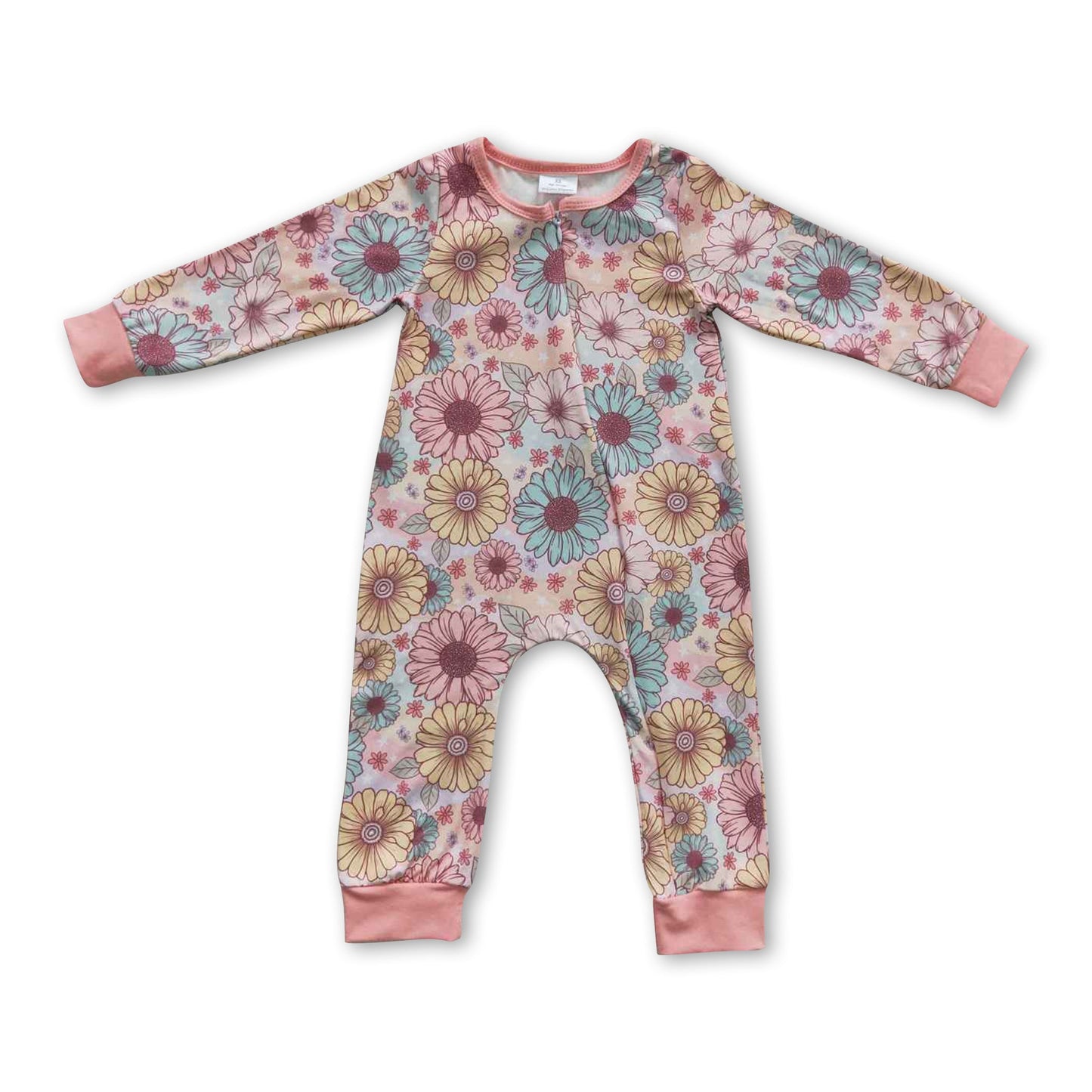 Flower long sleeves zipper baby girls romper