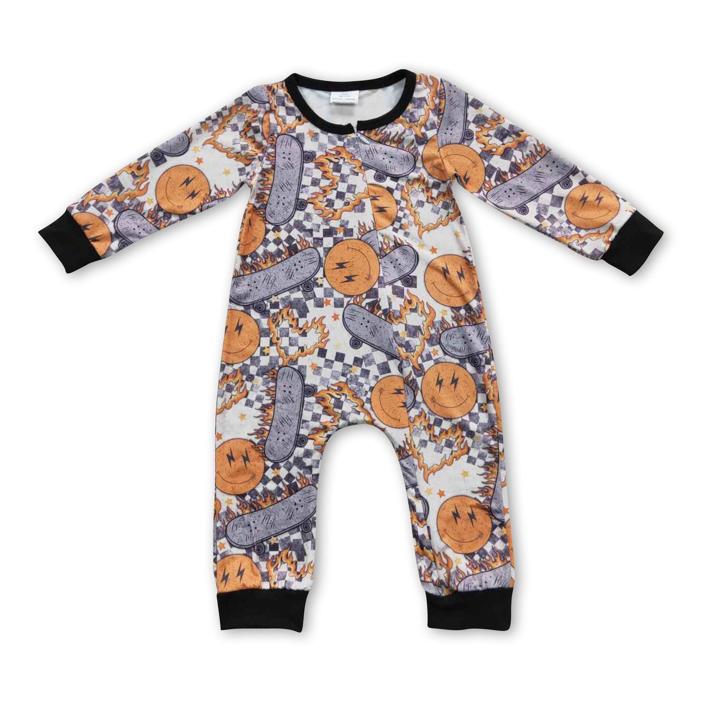 Skateboard smile long sleeves zipper baby kids romper