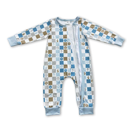 Smile plaid long sleeves baby kids zipper romper
