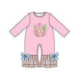 Pink pumpkin plaid ruffle baby girls fall romper