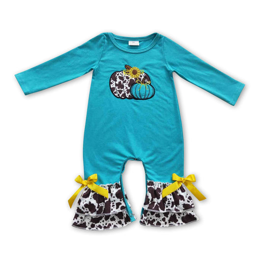 Turquoise cow pumpkin western baby girls fall romper
