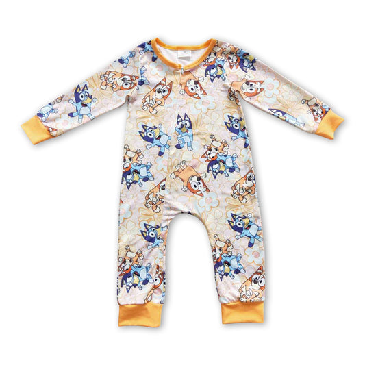 Dogs floral long sleeves baby girls zipper romper