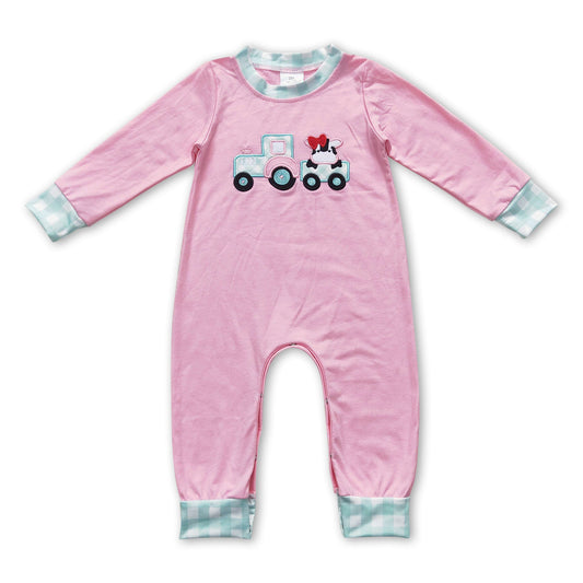 Cow tractor pink long sleeves baby girls romper