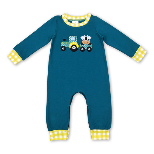 Cow tractor green long sleeves baby boy romper