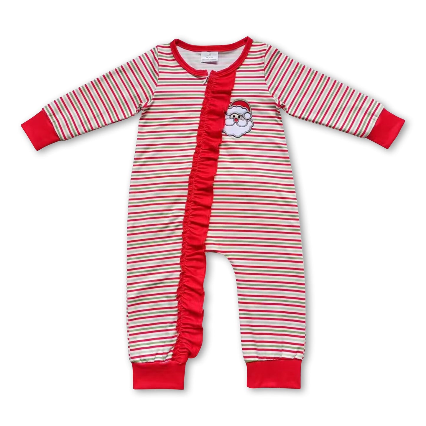 Santa red green stripe ruffle baby girls zipper Christmas romper