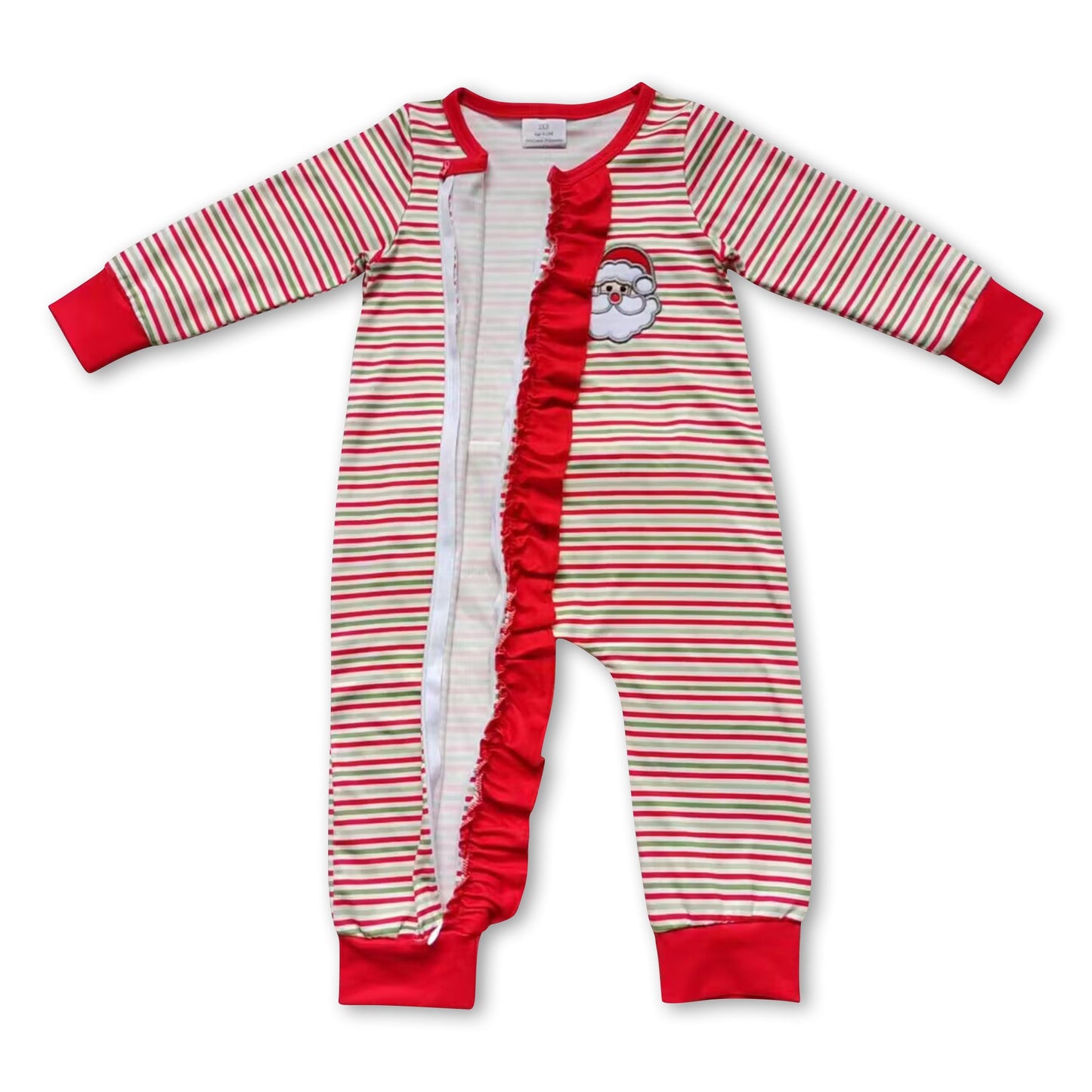 Santa red green stripe ruffle baby girls zipper Christmas romper