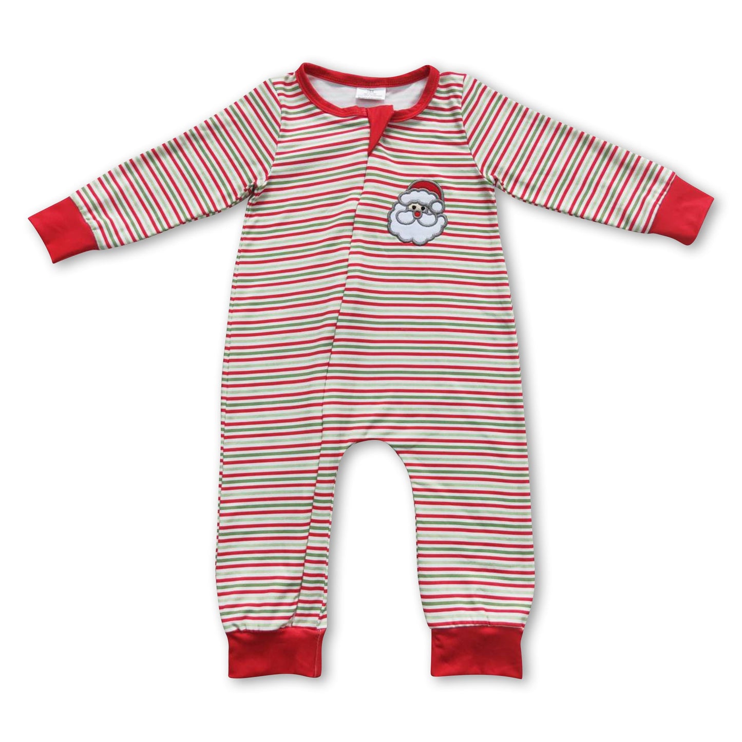 Santa red green stripe baby boy zipper Christmas romper