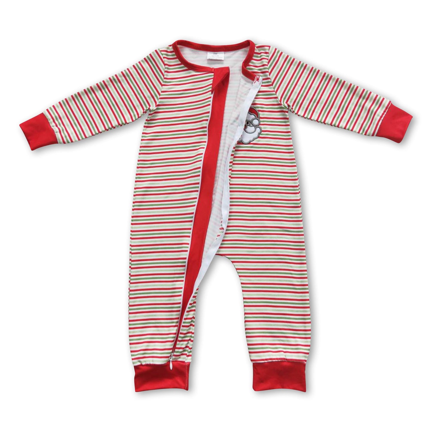 Santa red green stripe baby boy zipper Christmas romper