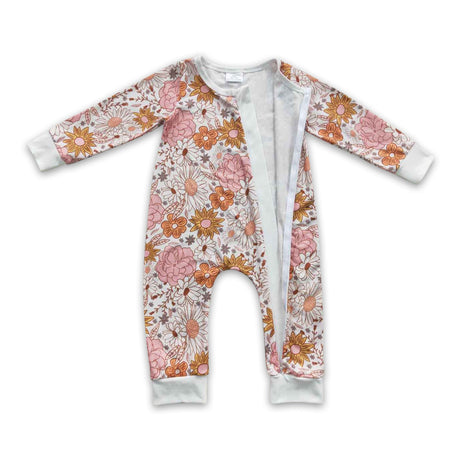 Long sleeves floral baby girls zipper fall romper