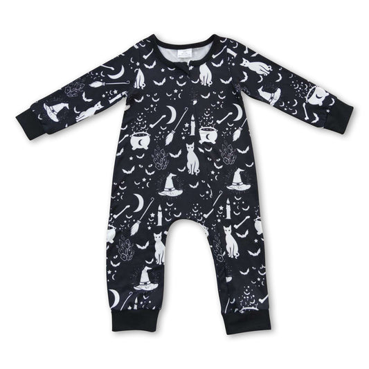 Black witches bat long sleeves baby kids zipper romper