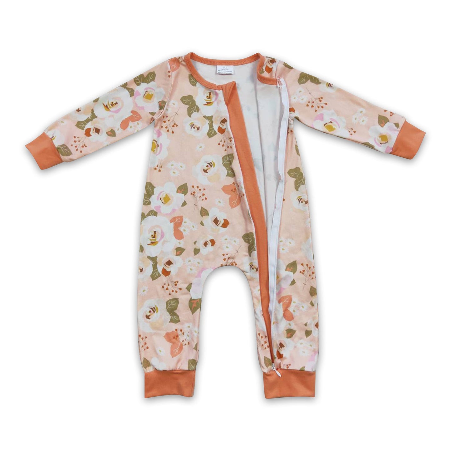 Peach floral long sleeves baby girls zipper romper