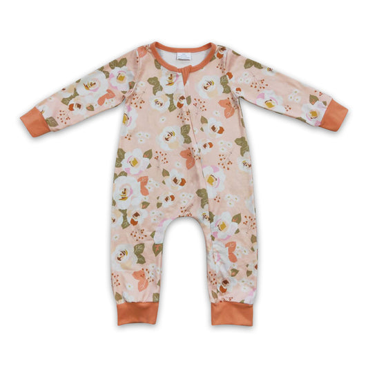 Peach floral long sleeves baby girls zipper romper