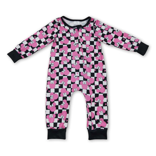 Pink mouse plaid long sleeves baby girls zipper romper