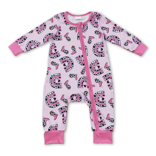 Pink cow print rainbow boots baby girls zipper romper