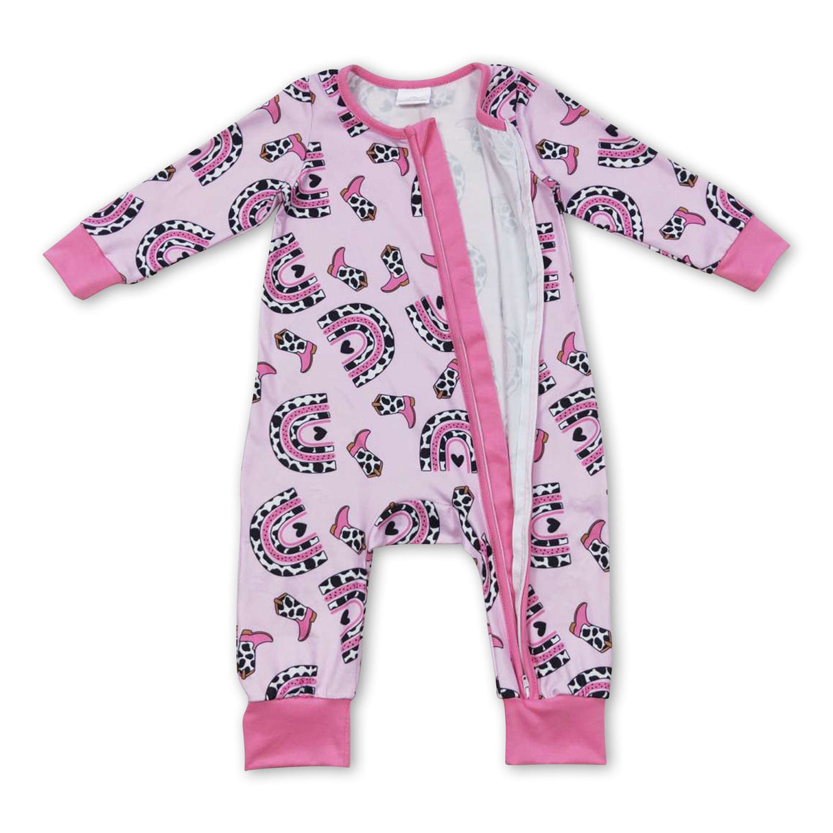 Pink cow print rainbow boots baby girls zipper romper