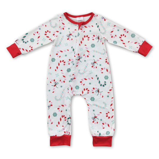 Candy cane long sleeves baby boy zipper Christmas romper