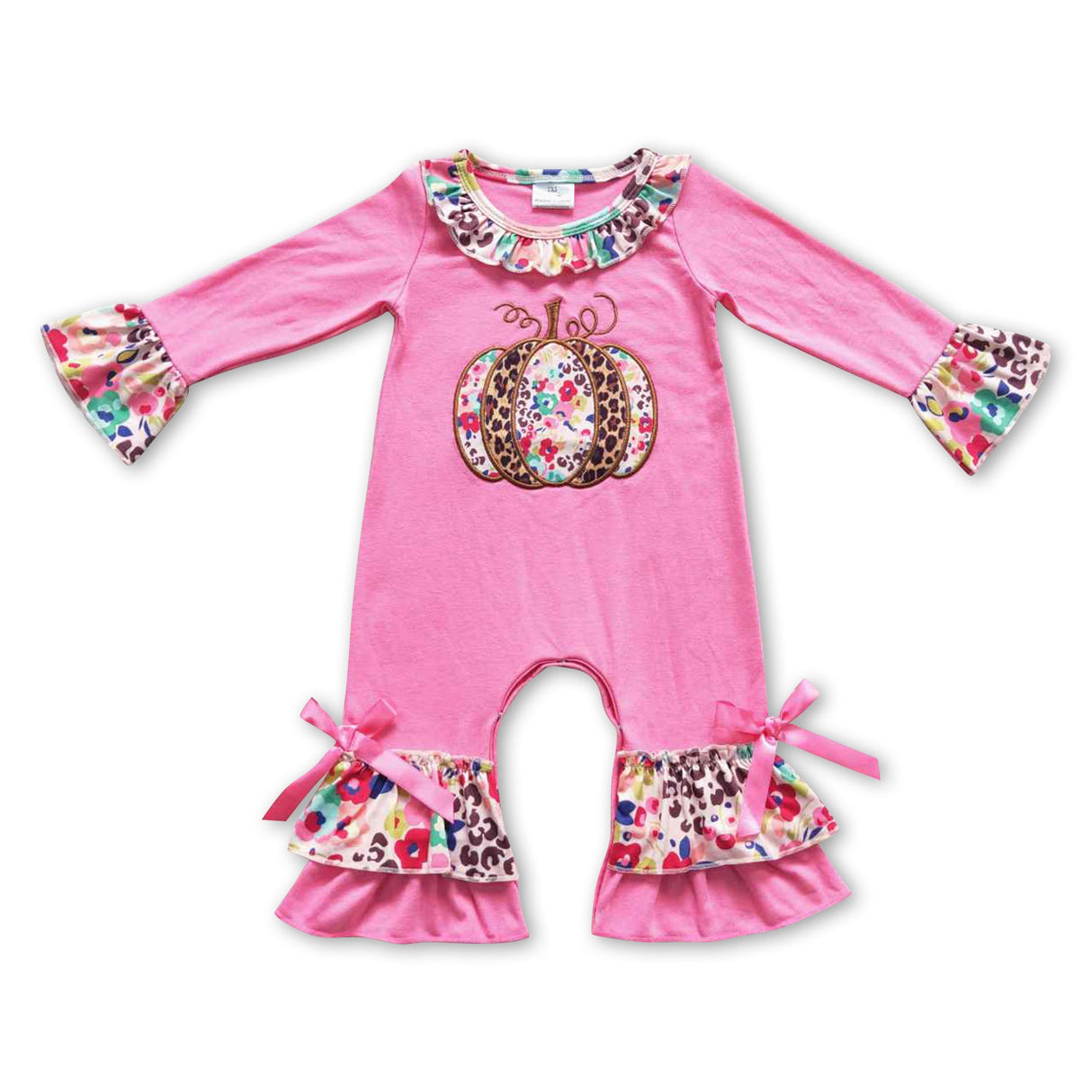 Floral leopard pumpkin ruffle baby fall romper