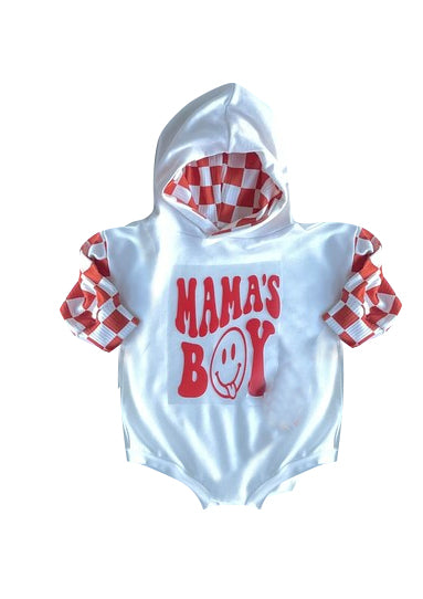 Red mama's boy smile baby hooded romper