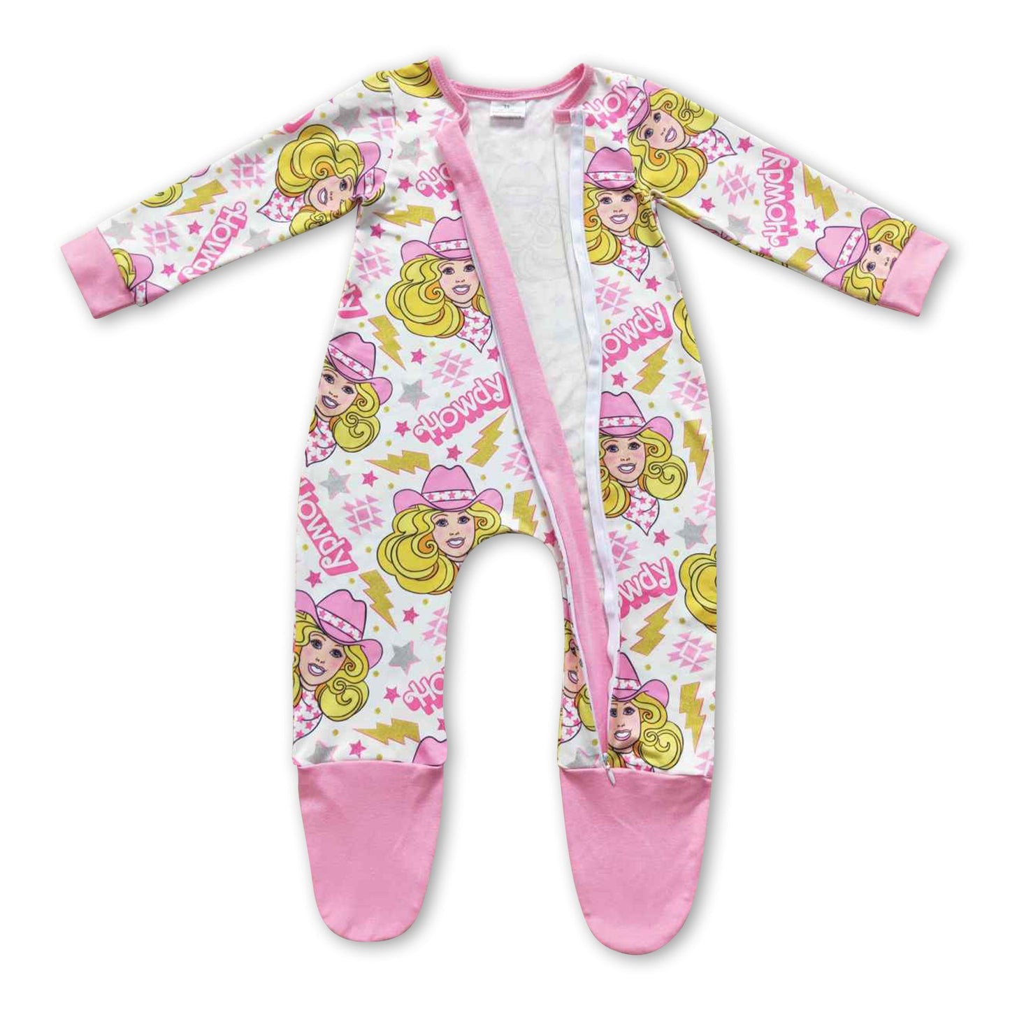 Howdy pink party baby footed zipper coveralls