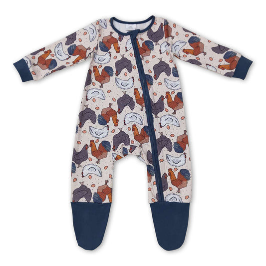 Blue chicken long sleeves baby kids footed zipper coveralls