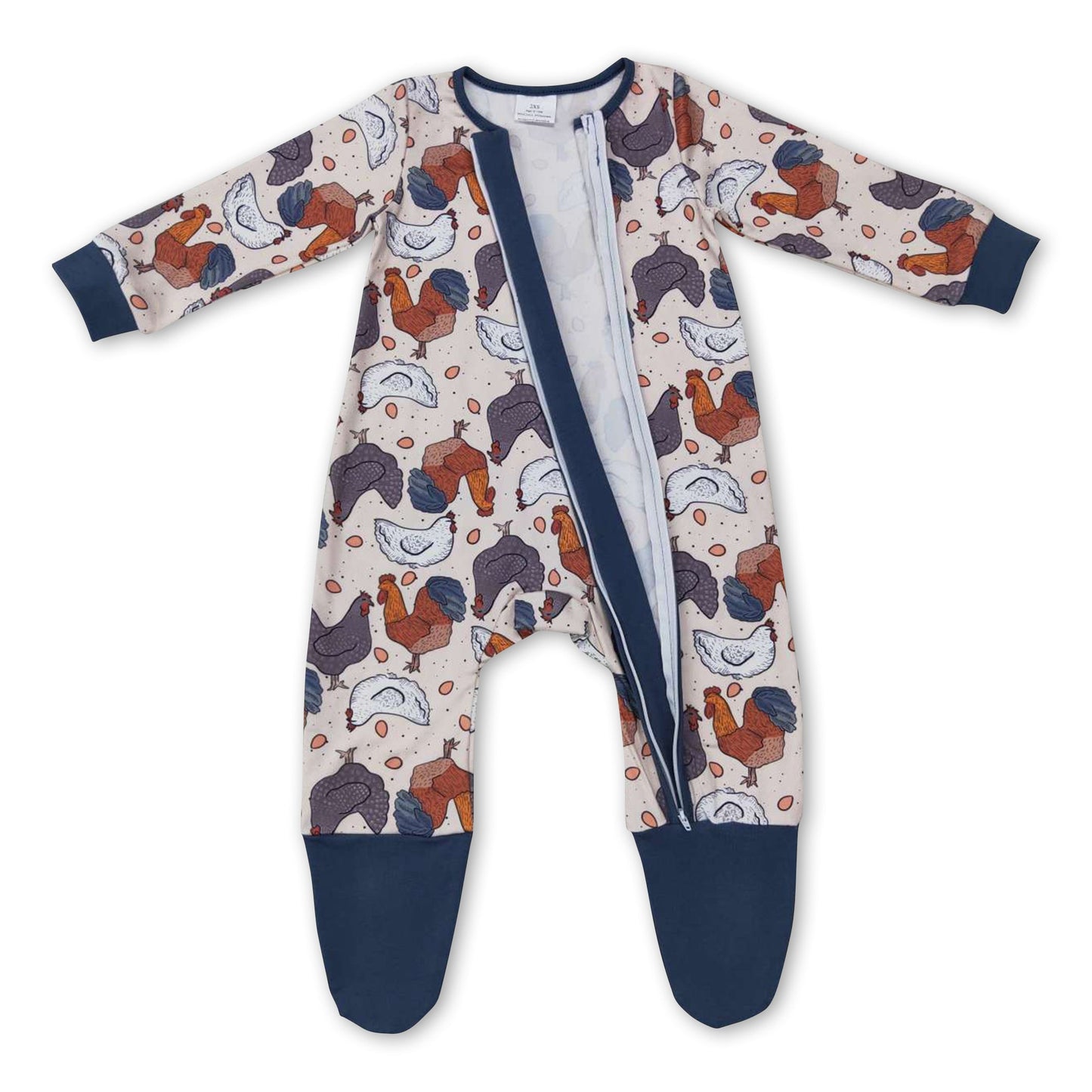 Blue chicken long sleeves baby kids footed zipper coveralls