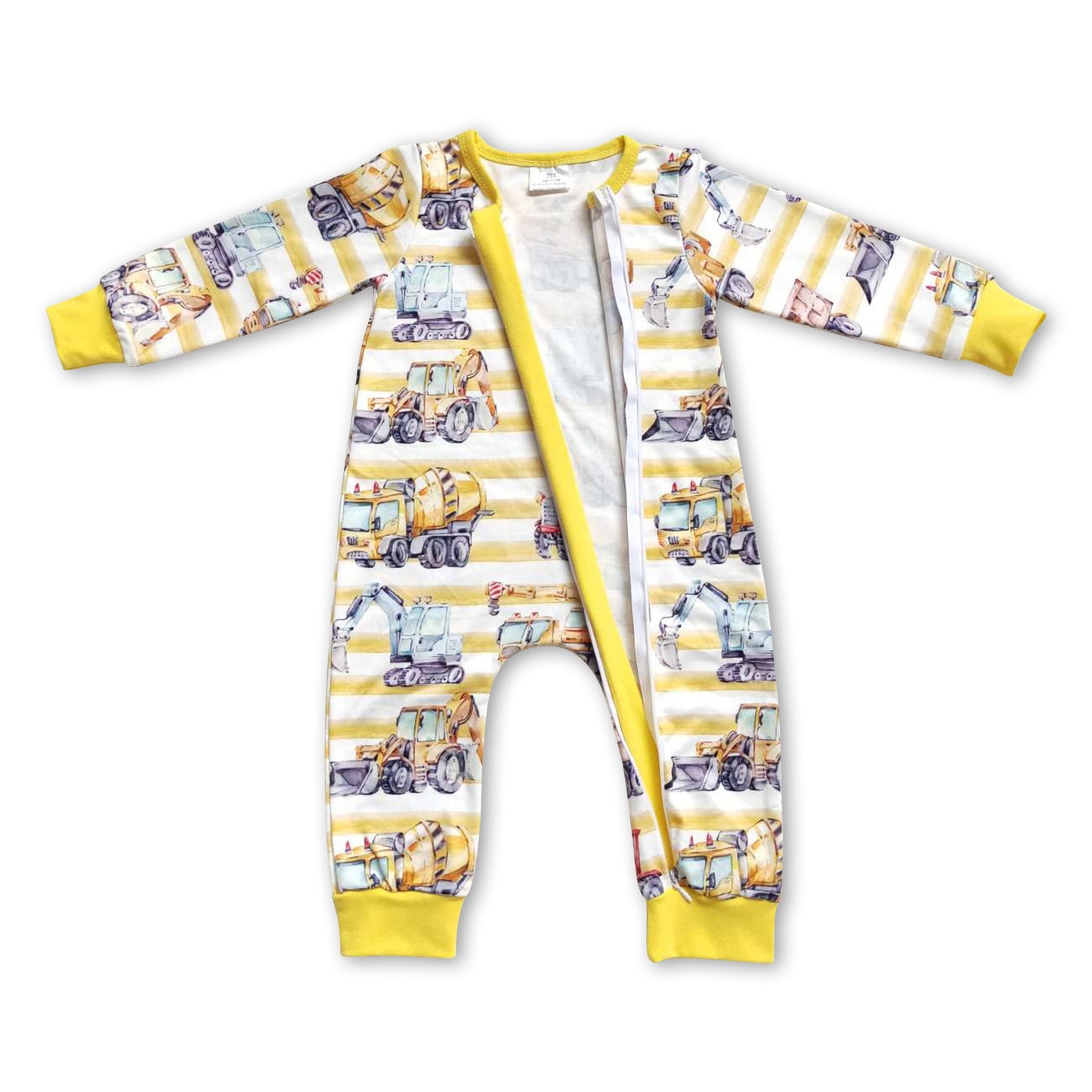 Yellow stripe constructions baby boy zipper romper