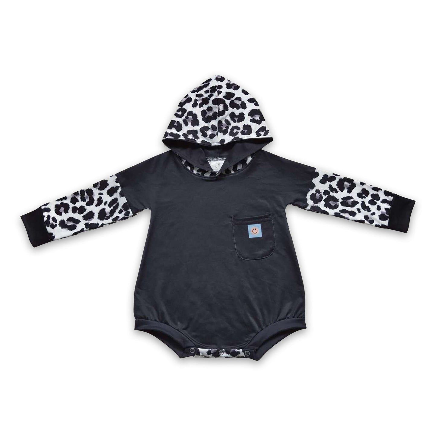 Smile pocket black leopard baby kids hooded romper