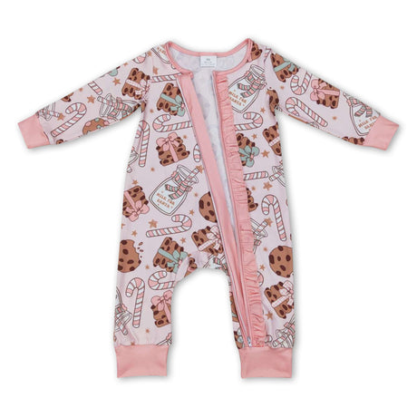 Pink cookie milk candy cane baby girls Christmas zipper romper