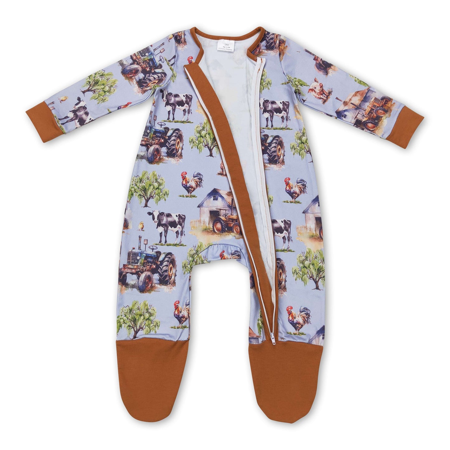 Tractor chicken cow pig baby kids farm footed coveralls