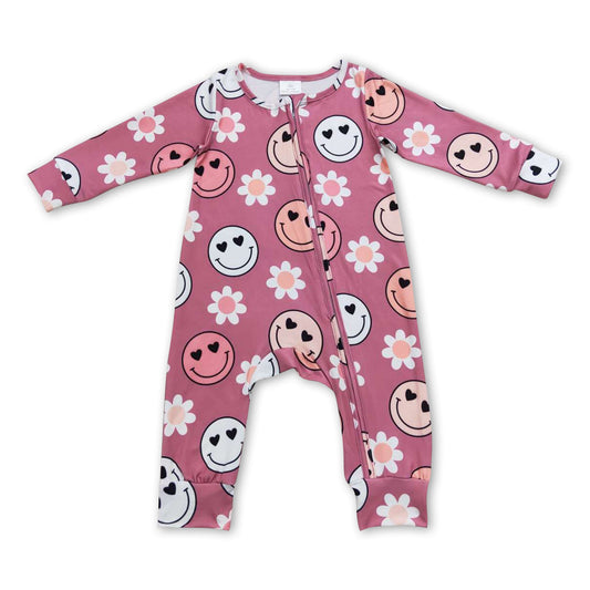 Smile floral heart long sleeves baby girls zipper romper